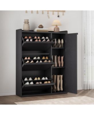 Shoe Storage Cabinet with 3 Flip Drawers & Side Door, Hidden Shoe Organizer with Adjustable Shelves, Freestanding Wooden Shoe Cabinet