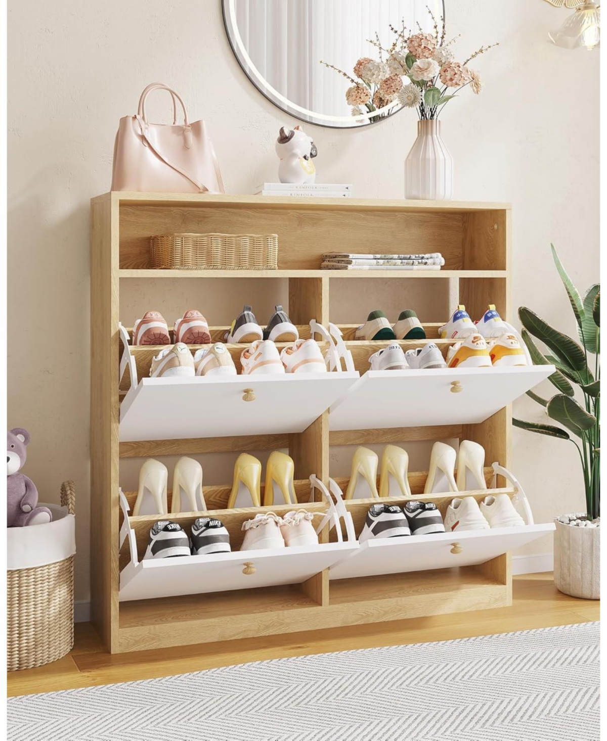 gaomon Modern Shoe Storage Cabinet with 4 Flip Drawers, Space-Saving Shoe Organizer with Wooden Handles for Entryway, Hallway or Bedroom