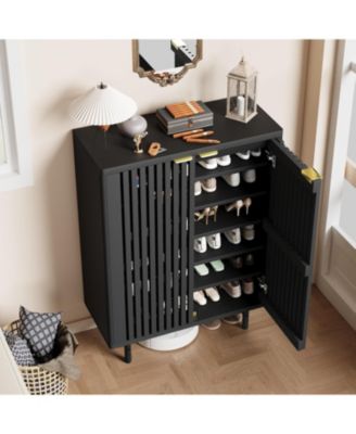 6-Tier Shoe Cabinet with Doors, Wooden Shoe Storage Cabinet Organizer, Louvered Doors, Freestanding Narrow Entryway & Hallway Shoe Rack