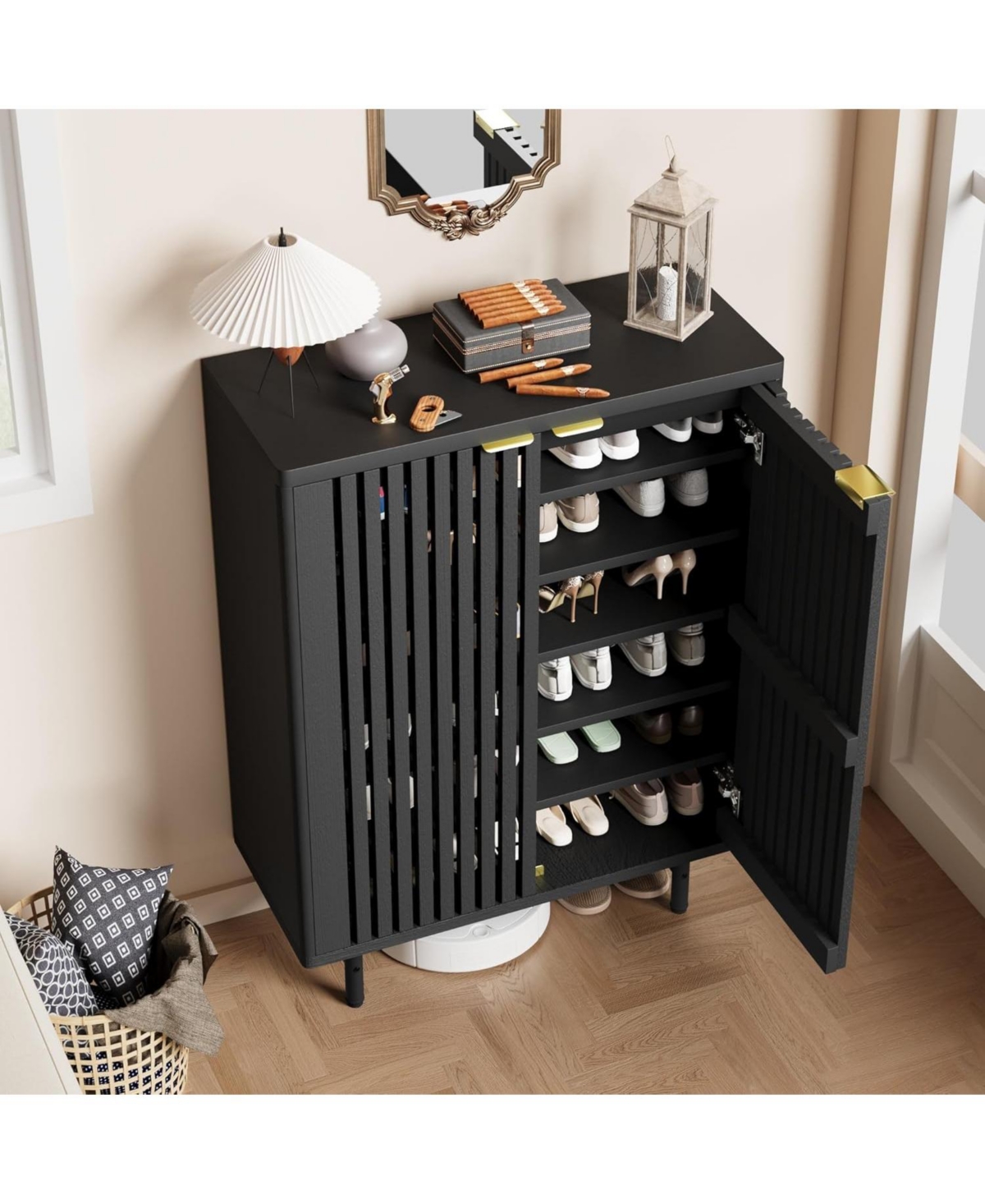 gaomon 6-Tier Shoe Cabinet with Doors, Wooden Storage Organizer, Louvered Freestanding Narrow Entryway & Hallway Rack