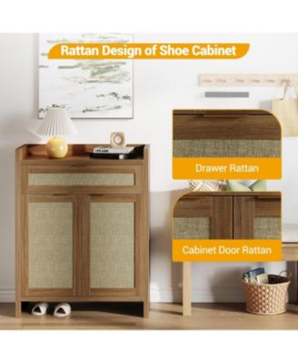 Modern Rattan Shoe Cabinet with Drawer & Doors, Adjustable Shelf Accent Storage for Entryway