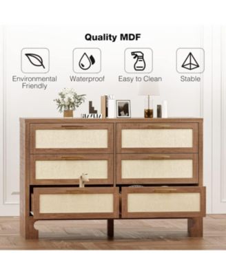 Dresser for Bedroom with 6 Drawers, Burlap Design Wood Drawer Dresser Chest of Drawers for Closet, Living Room, Hallway, Kids Bedroom, Caramel