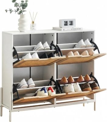 4 Door Rattan Shoe Cabinet Organizer, Flip Doors, Adjustable Shelves, Elegant White Border, Wood Drawer, Entryway Storage