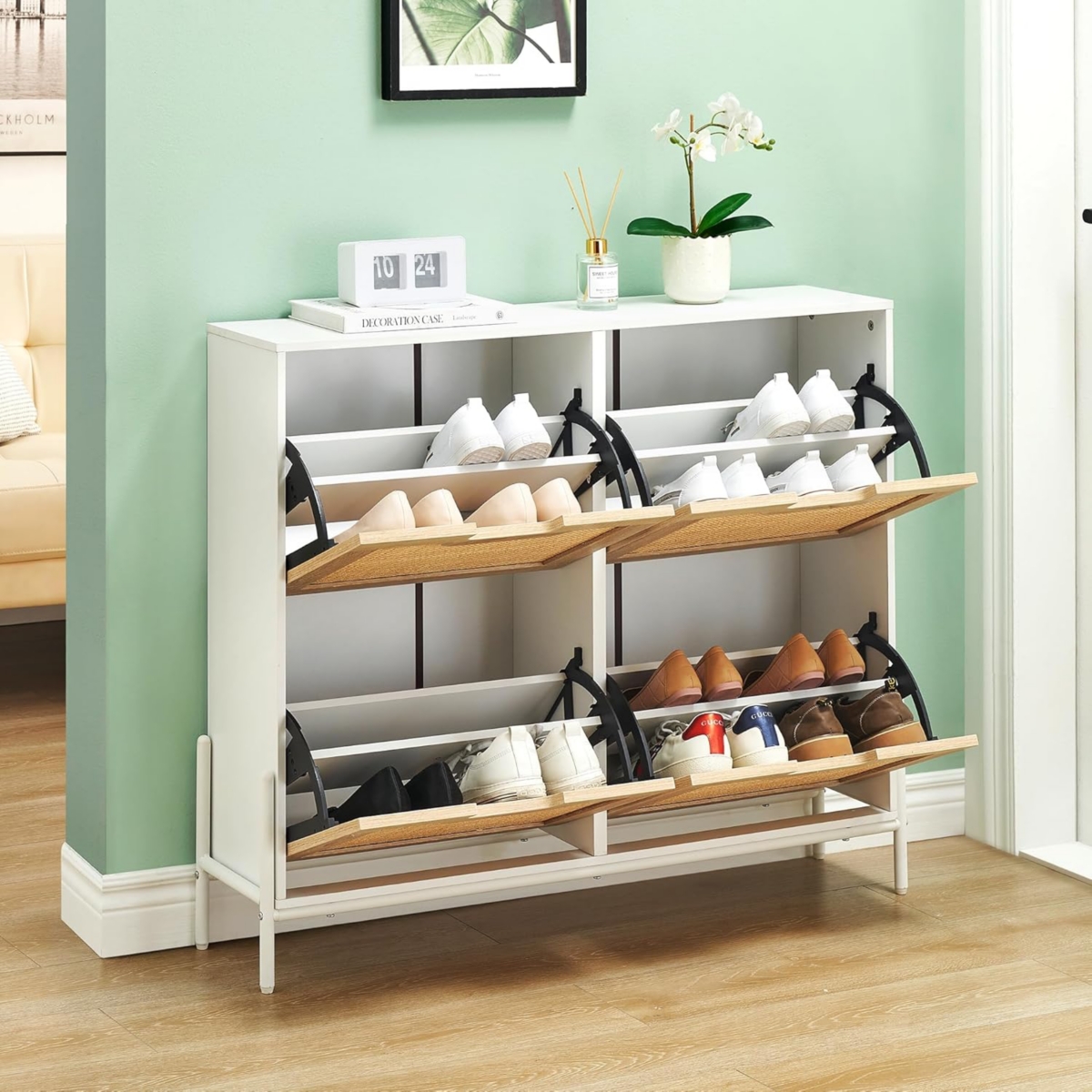 gaomon 4 Door Rattan Shoe Cabinet Organizer, Flip Doors, Adjustable Shelves, Elegant White Border, Wood Drawer, Entryway Storage