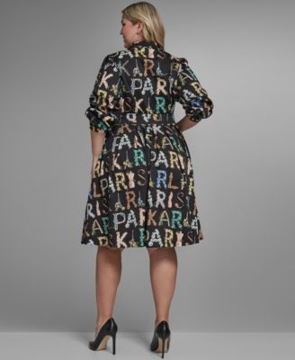 Plus Size Long-Sleeve Allover Letter Print Dress