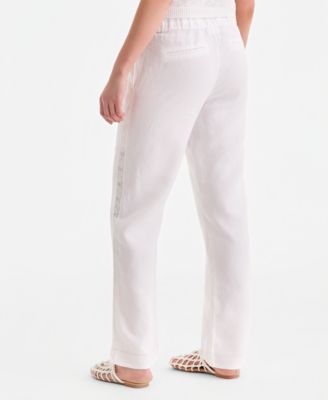 Women's 100% Linen Eyelet-Trim Pull-On Pants