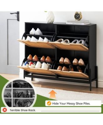 Rattan Shoe Cabinet with Flip-Drawer Doors, 4-Door Storage with Adjustable Shelves