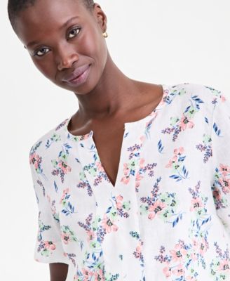 Women's 100% Linen Split-Neck Top