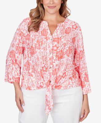 Plus Size Printed Eyelet Gauze Tie Front Top