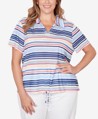 Plus Size Printed Short Sleeve Polo Blouson Top