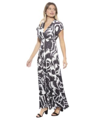 Women's Abstract V-Neck Empire Waist Cap Sleeve Maxi Dress