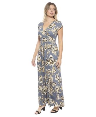 Women's Floral V-Neck Cap Sleeve Side Slit Pocket Maxi Dress