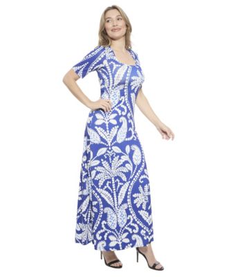 Women's Paisley Scoop Neck Elbow Sleeve A-Line Maxi Dress
