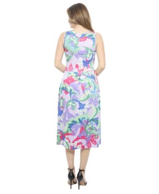 Women's Abstract V-Neck Sleeveless Pleated Pocket Midi Fit N Flare Dress