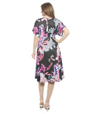 Women's Paisley V-Neck Short Dolman Sleeve Twist Front A-Line Midi Dress