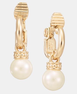 Gold-Tone Glass Pearl Drop Huggie Comfort Clip Earrings