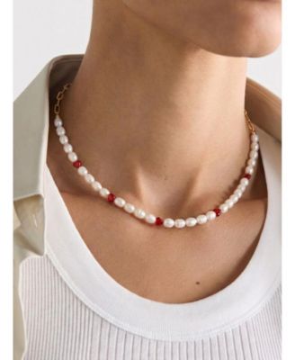 18K Gold-Plated Freshwater Pearl Choker Necklace with Red Heart Accents