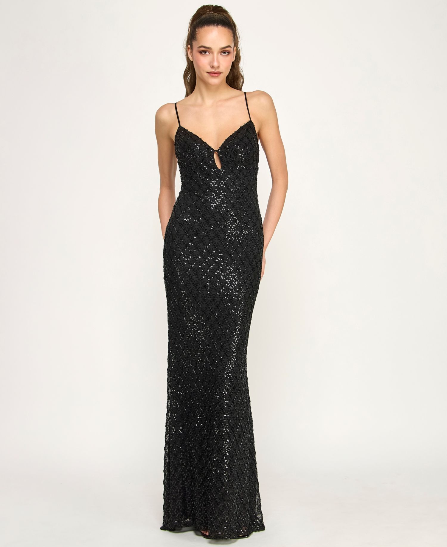 Juniors' V-Neck Sequin Gown