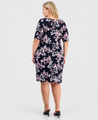 Plus Size Printed Elbow-Sleeve Faux-Wrap Dress