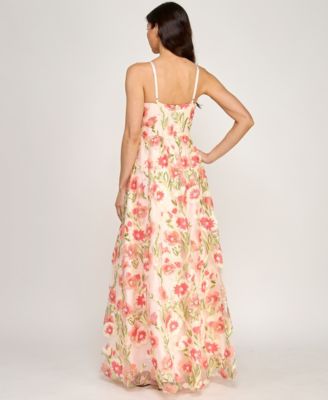 Juniors' Strappy Corseted Sequin Floral Ball Gown