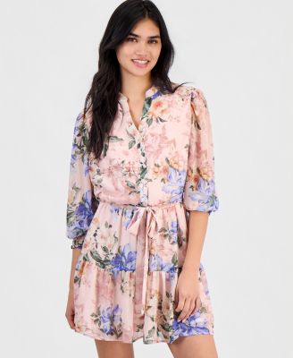 Petite Floral-Print Chiffon Belted Dress