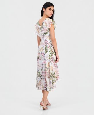 Petite Floral Flutter-Sleeve Midi Dress
