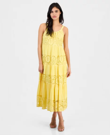 Petite Lace-Trim Sleeveless Tiered Midi Dress - Yellow
