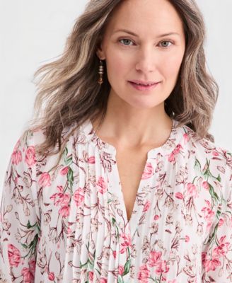 Women's Printed Pintuck Ruffle Sleeve Top