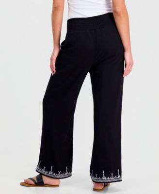 Petite Embroidered-Trim Wide-Leg Pants