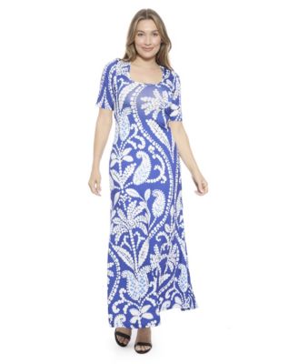 Women's Paisley Scoop Neck Elbow Sleeve A-Line Maxi Dress