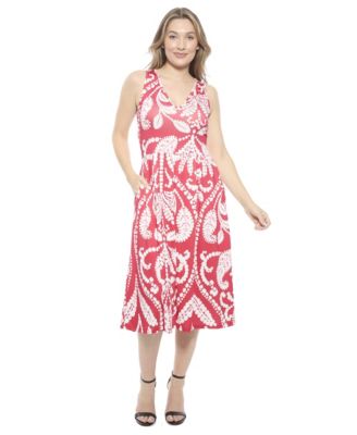 Women's Paisley V-Neck Sleeveless Pleated Pocket Midi Fit N Flare Dress