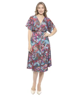 Women's Abstract V-Neck Short Dolman Sleeve Twist Front A-Line Midi Dress