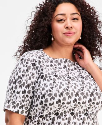 Plus Size Printed Boat-Neck Elbow Sleeve Cotton Top