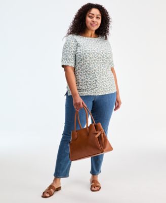 Plus Size Boat-Neck Elbow Sleeve Cotton Top