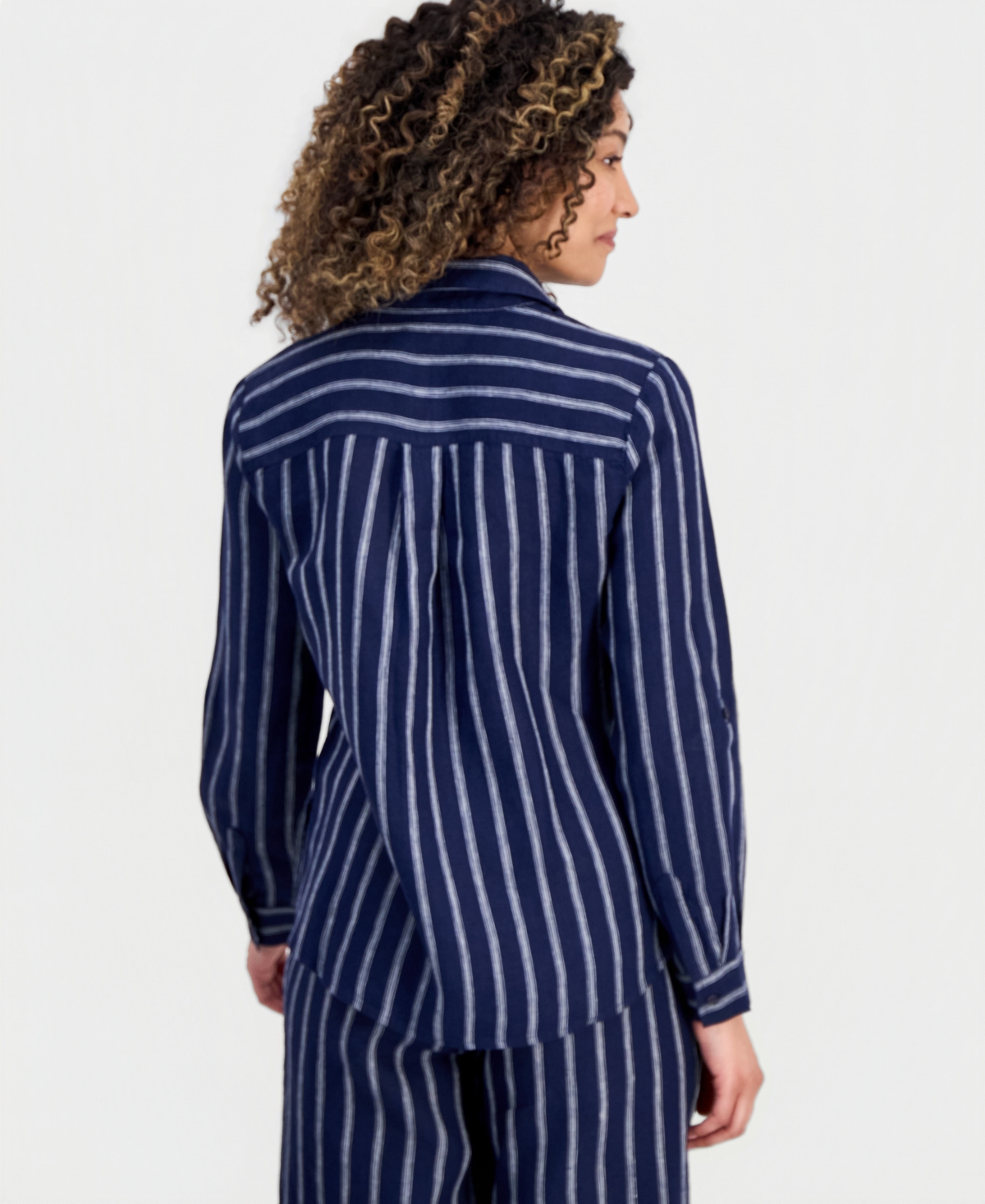 Charter Club Petite Linen Savannah Stripe Roll-Tab Shirt, Macy's Exclusive