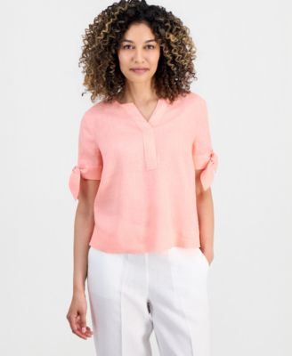 Petite 100% Linen Split-Neck Tie Sleeve Top