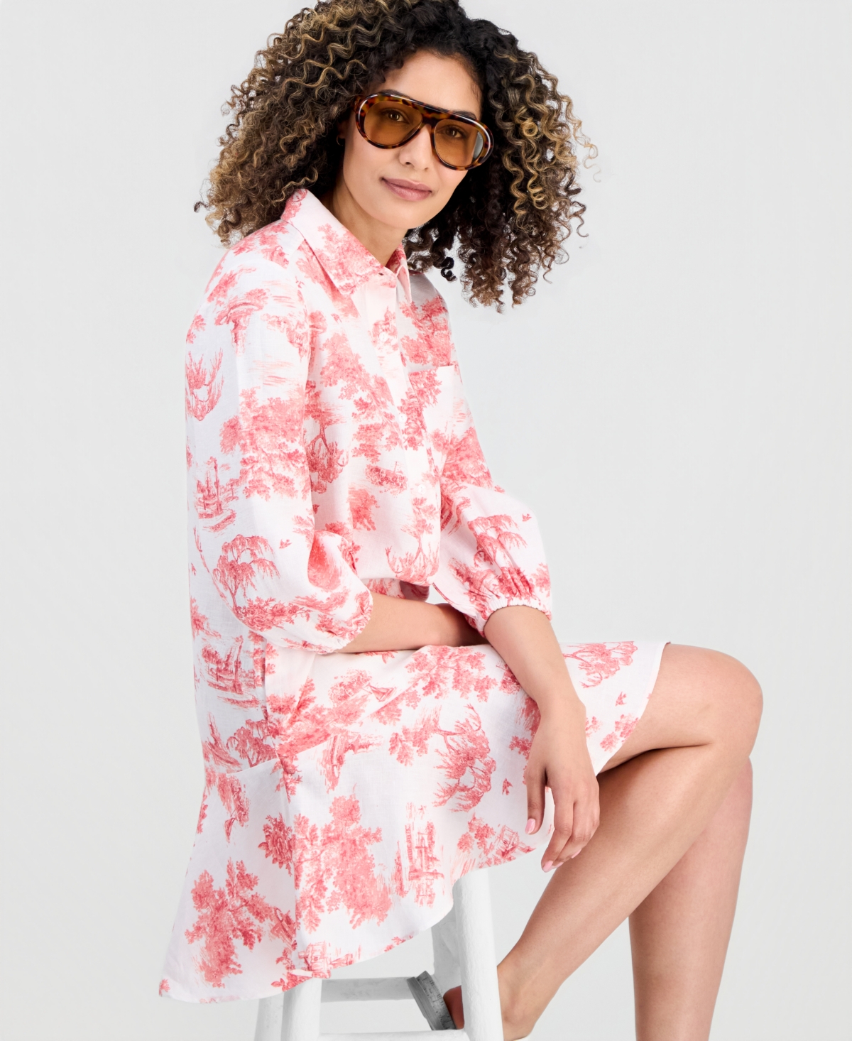 Charter Club Petite Linen Charleston Toile Flounce Dress, Macy's Exclusive