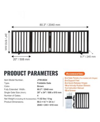 4-Panel Folding Indoor Pet Gate, 24" H x 80.3" W, Adjustable Barrier with Quiet Foot Pads