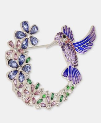 Crystal Hummingbird & Flowers Pin