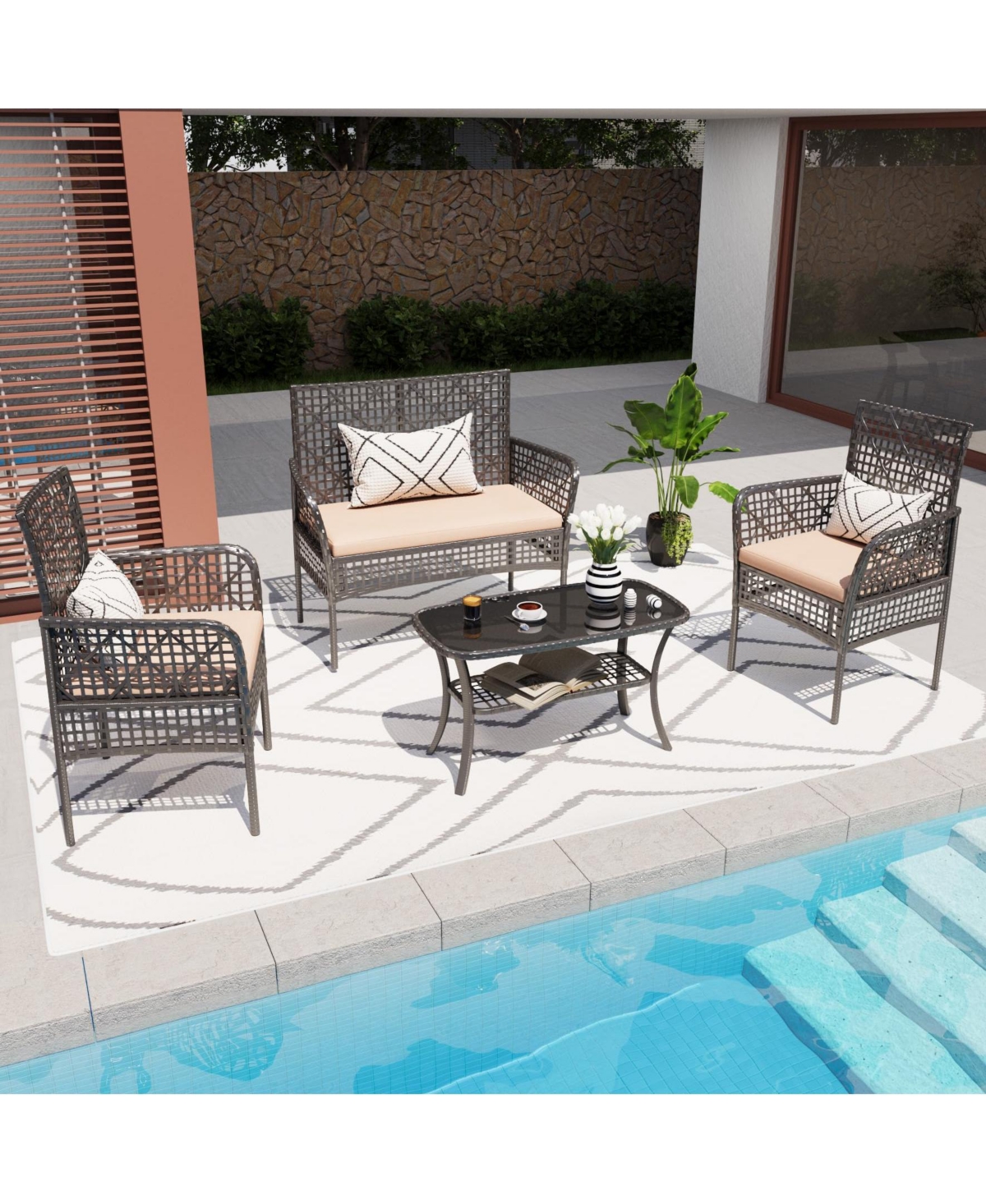 Flynama 4 Piece Outdoor Patio Pe Rattan Conversation Set with Tempered Glass Table Soft Cushions for Backyard Pool Lawn