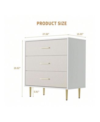 Modern White 3-Drawer Slim Nightstand, Gold Metal Legs Bedside Dresser for Small Bedroom Spaces