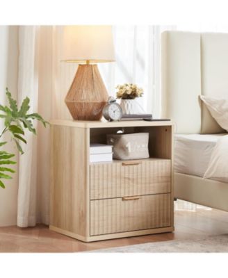 Set of 2 Fluted Farmhouse Nightstands, 2-Drawer End Table with USB Charging Station