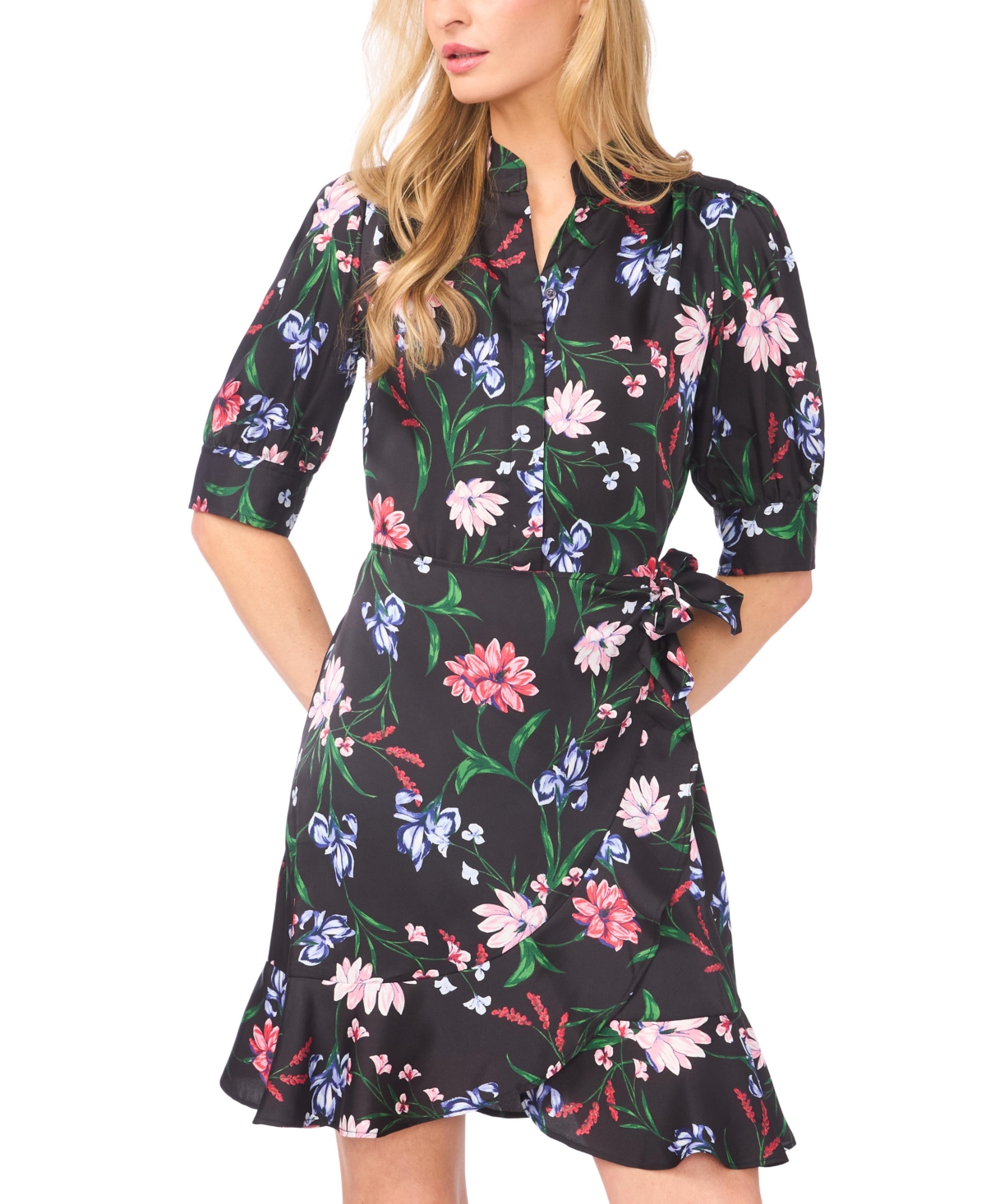 CeCe Women's Open Collar Ruffle Wrap Detail Short Dress