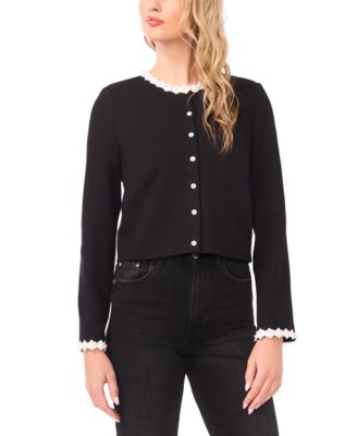 Women's Crochet Floral Trim Detail Crewneck Cardigan