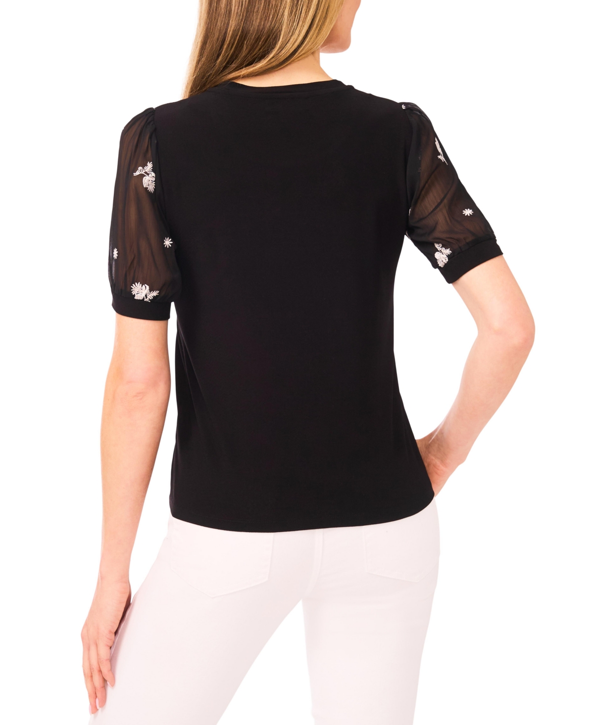 CeCe Women's Mixed Media Design Crewneck Top