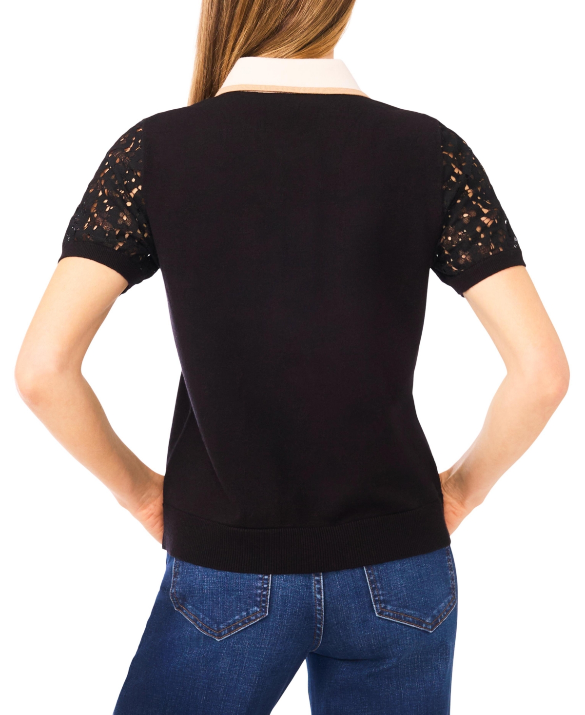 CeCe Women's Short Sleeve Polo Collar Sweater with Lace Sleeves