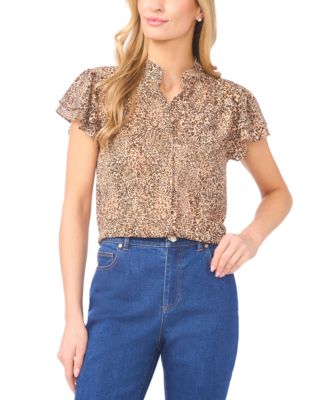Women's Collared Neck Double Flutter-Sleeve Top