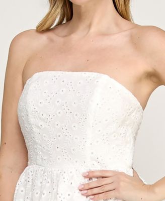 Juniors' Strapless Floral Eyelet Tiered Maxi Dress