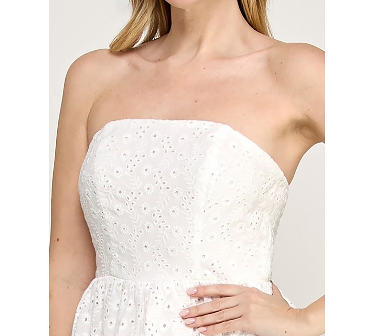 Beauty & Grace Women's Strapless Floral Eyelet Tiered Maxi Dress