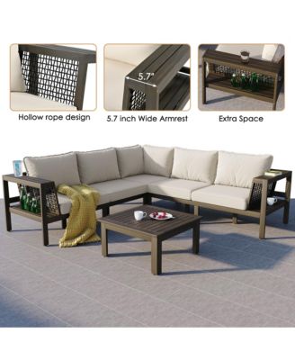 4 Piece Outdoor Acacia Wood L Shaped Patio Sofa Set with Coffee Table Woven Mesh Armrests Beige Cushions for Garden Poolside